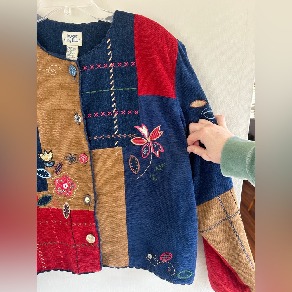 Vintage 90s Artsy Patchwork Novelty Embroidered Statement Jacket Whimsy Boho XL - Picture 10 of 15
